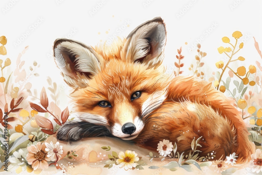 Fototapeta premium A fox laying peacefully in a field of colorful flowers. Suitable for nature and wildlife concepts