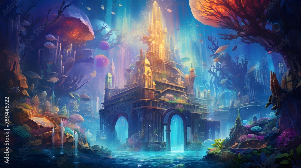Fantasy fantasy landscape with temple in the sea. Digital painting.