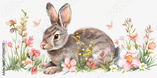 A watercolor painting of a rabbit in a field of colorful flowers. Suitable for nature and animal themed designs