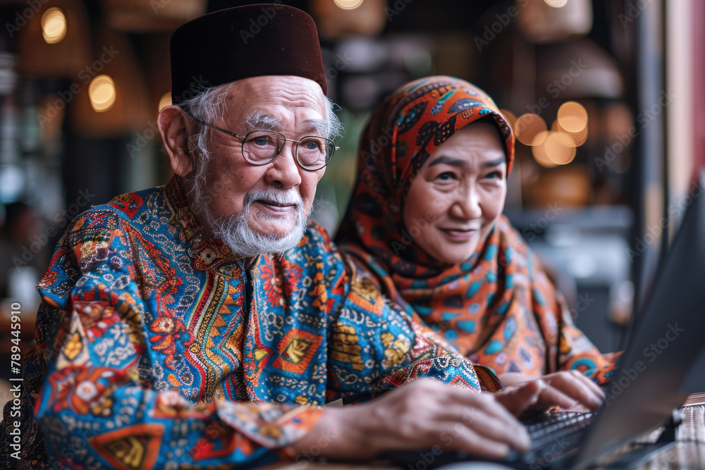 Malay grandfather sitting on table looking laptop, communicate online