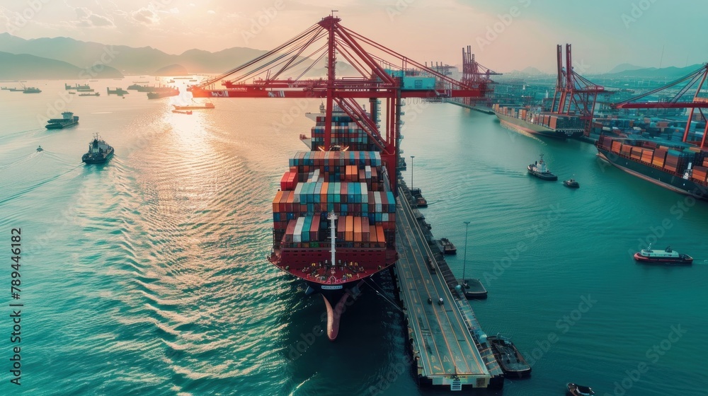 Obraz premium Aerial view of a large container warehouse ship leaving the warehouse port with a large crane.