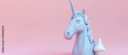 This is a concrete unicorn statue with an ice cream horn on a pastel pink background. A creative idea. A minimalist concept. A 3-D rendering.