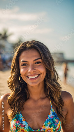 Gorgeous brazilian woman wearing a bikini on the beautiful beach smiling while looking at the camera © The A.I Studio
