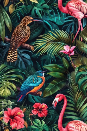 Colorful tropical birds flock in lush jungle. Perfect for nature-themed designs