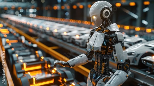 An AI robot stands and inspects the assembly of car batteries, industrial robotic arm tools on an industrial factory conveyor belt.