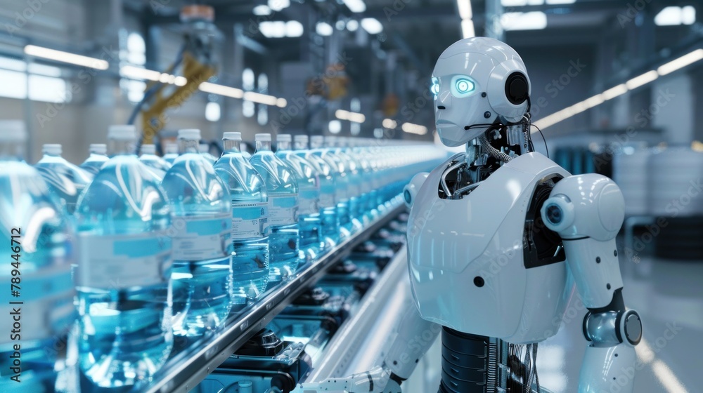 An AI robot stands and scans via its eyes light bottles of drinking water on a large industrial conveyor belt.