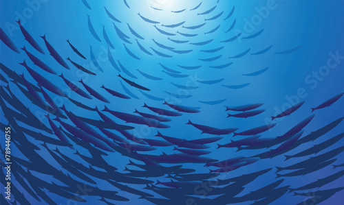 Vector image of the  school of fish in the blue ocean  (in the underwater) and the reflections of the sun.