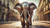 Iron robot elephant walks along a street.