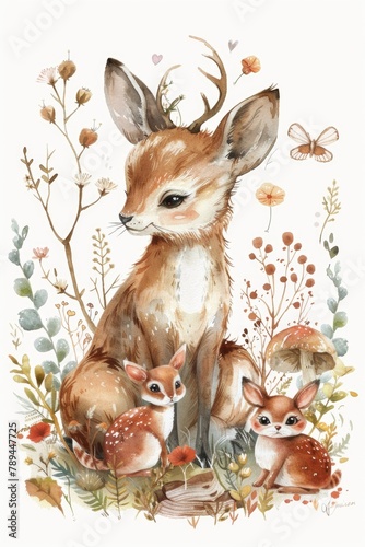 Beautiful watercolor painting of a deer with two fawns. Perfect for nature lovers and wildlife enthusiasts