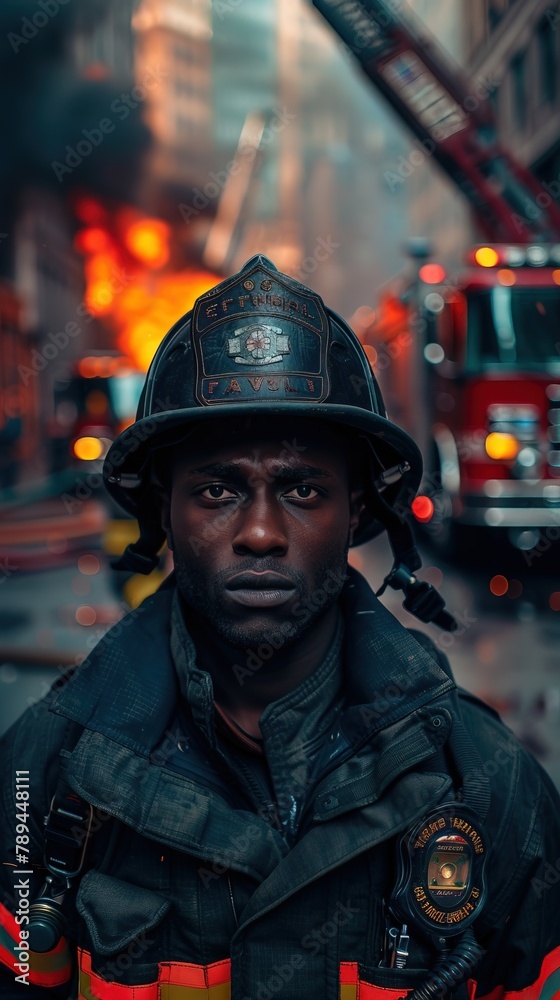 An African American firefighter, in the background a fire truck and burning building. An African American firefighter, in the background a fire truck and burning building.