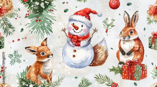 Adorable watercolor painting of a snowman, fox, and rabbit. Perfect for winter-themed projects