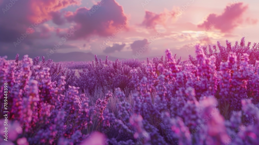 Obraz premium A scenic view of a field filled with purple flowers under a dramatic cloudy sky. Perfect for nature or landscape backgrounds