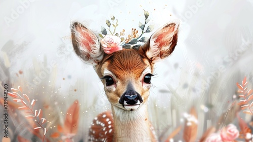 A beautiful painting of a deer wearing a flower crown. Perfect for nature lovers and art enthusiasts