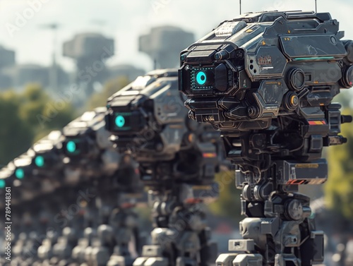 A row of robots with blue eyes and a blue light on top of them. The robots are lined up in a row and appear to be in a futuristic setting