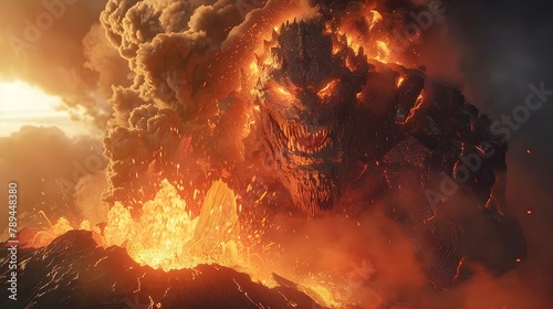 Volcanic Beast Rises Amidst Fire and Ash. Concept Fantasy, Epic Battle, Volcanic Eruption, Mythical Creature, Destruction