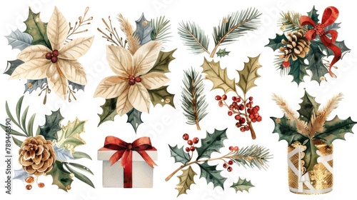 Various Christmas decorations including poinsettias, holly leaves, pine cones. Perfect for holiday designs