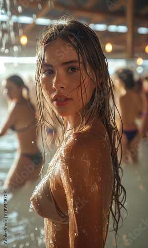Cute young woman wearing a sexy bikini having a great time playing in the warm water pool
