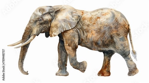 Realistic watercolor painting of an elephant with tusks. Suitable for wildlife enthusiasts or educational materials