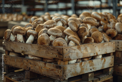 wooden crate full of mushrooms in the farm