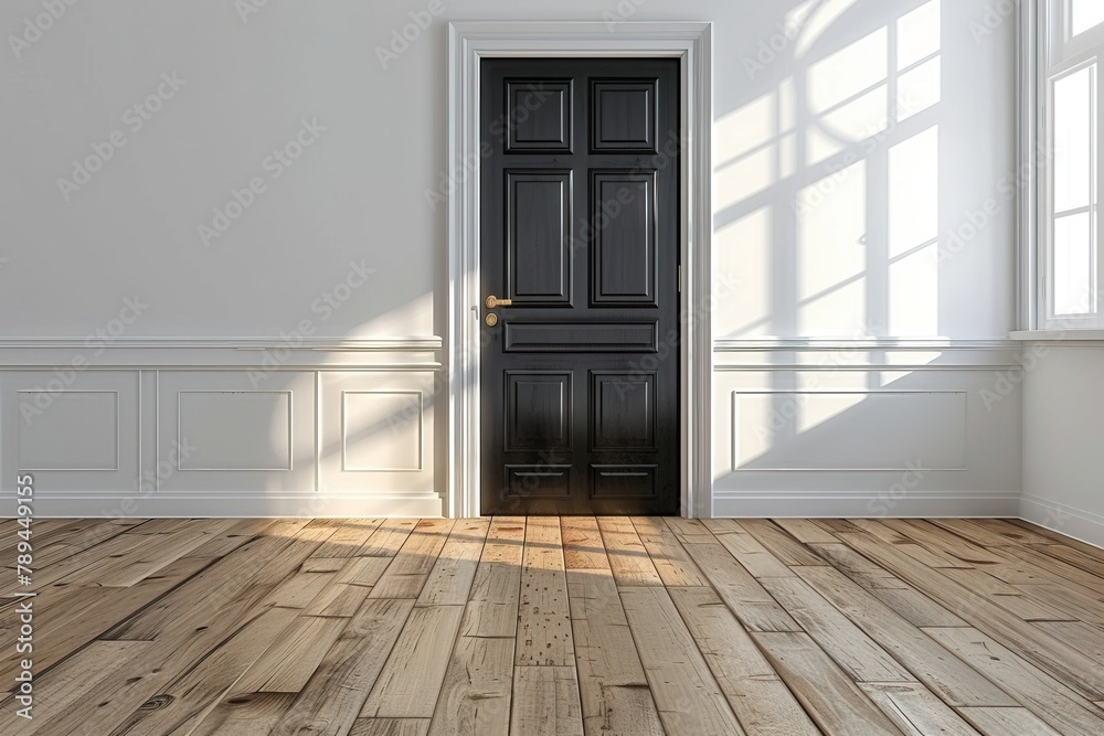Fototapeta premium Room with black door and white wall. 