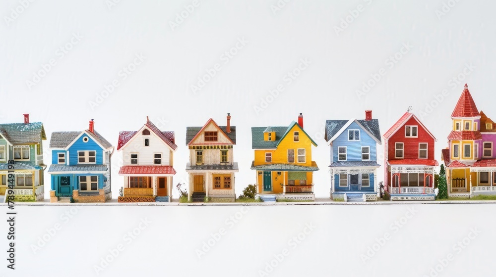 Row of miniature houses on a white surface, perfect for real estate concept Row of miniature houses on a white surface, perfect for real estate concept