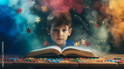 Cute little toddler or preschool boy sitting at a table in front of an open book with flying colorful puzzle pieces. Creative thinking concept, childhood pupil inspiration to read, study and learn