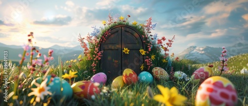 An Easter door with colorful eggs on a meadow in 3D. Creative concept.
