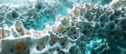 Close-up of realistic bone spongy structure, bone texture affected by osteoporosis. photo