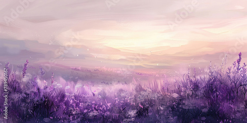 Serene Meadow with Vibrant Purple Flowers at Sunset Under a Colorful Sky photo