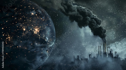  the earth in space has industrial pipes with black smoke coming out of it. Smokestacks. 
environmental pollution photo