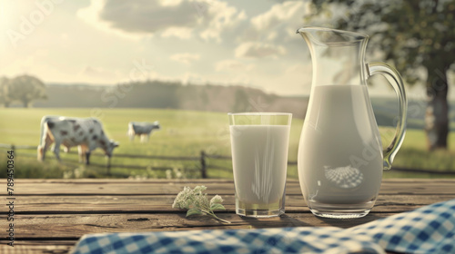 A pitcher and a glass of milk on a wooden table with a cow in the background during sunrise.