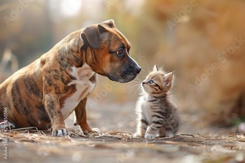 American Staffordshire terrier dog playing with little kitten.