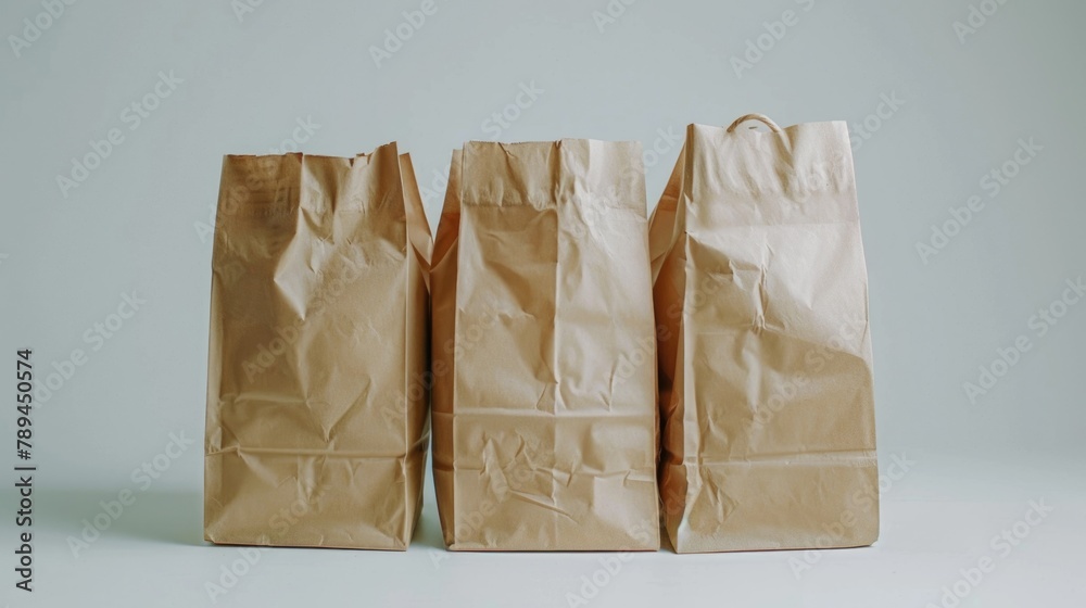 Three brown paper bags sitting next to each other. Can be used for various packaging or recycling concepts Three brown paper bags sitting next to each other. Can be used for various packaging or recycling concepts