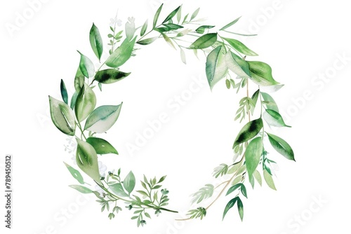 A beautiful watercolor painting of a wreath made of green leaves. Perfect for nature-themed designs