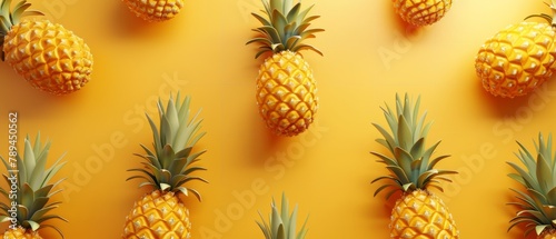 Pineapples on yellow background with a pattern. 3d illustration.