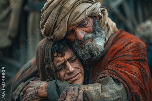 Father embracing his son, Bible story of the prodigal son.