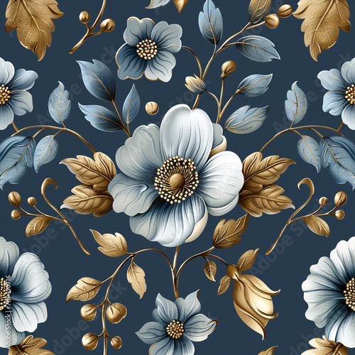 Botanicalinspired blue pattern with gold floral elements ,seamless pattern,
