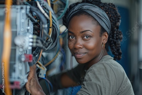 Portrait of black woman electrician.