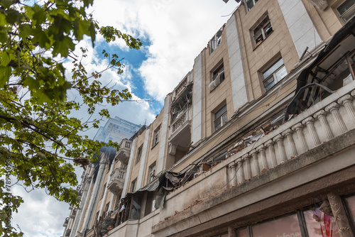 A Russian missile hit a residential building in the city of Dnepr, Ukraine. Damaged apartment building after a massive missile attack on 04/19/24. Scars of war. Consequences of the attack