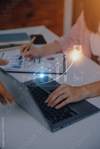 Business development to success and growing growth concept, graph with percentage sign and arrow up, represent in meanings of interest rate increase, performance, sales, percent growth.