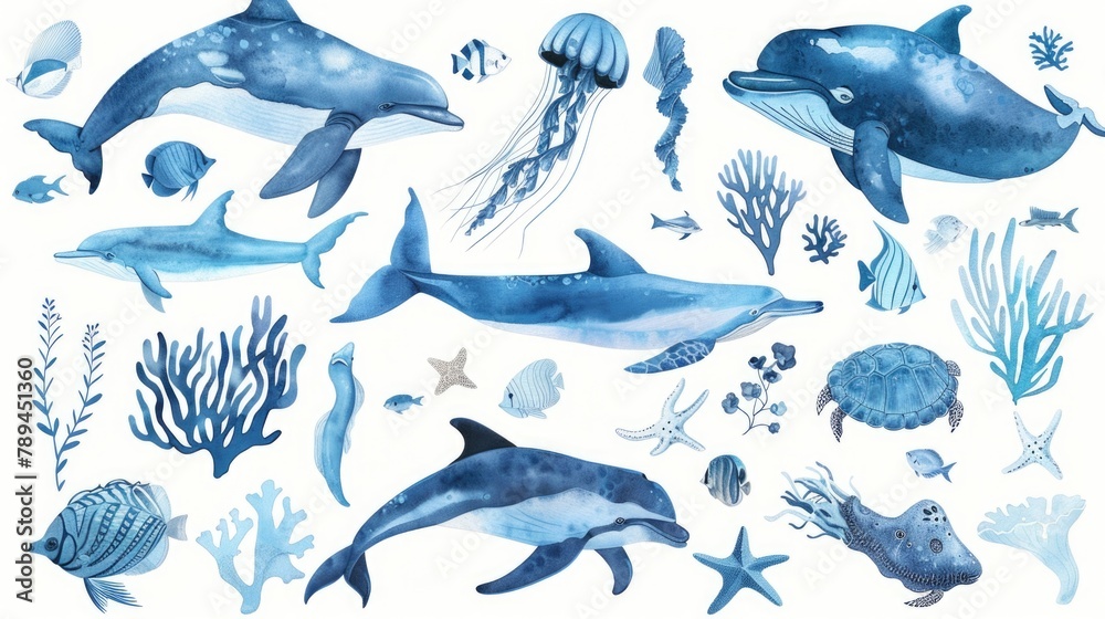 Fototapeta premium Colorful watercolor painting of whales and sea creatures, suitable for educational materials