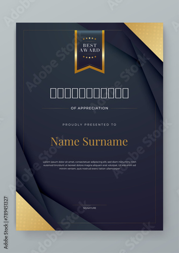 Black and gold certificate of appreciation border template with luxury badge and modern line and shapes. Certificate of achievement, awards diploma, education, school