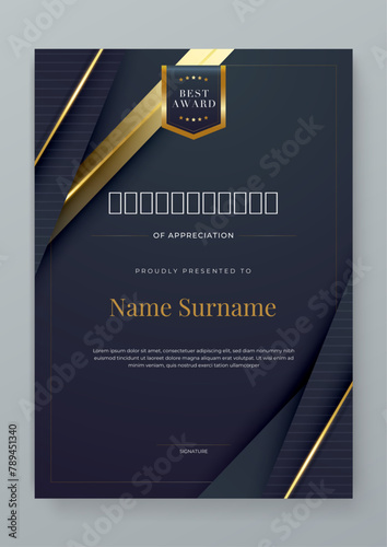Black and gold vector award certificate template fancy modern abstract for corporate. For appreciation, achievement, awards, education, competition, diploma template