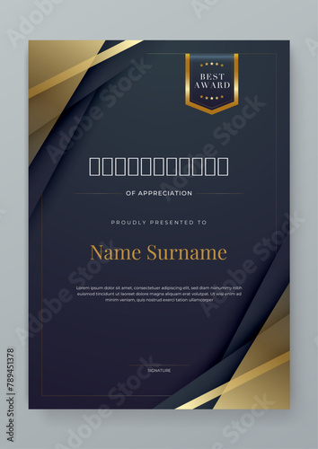 Black and gold vector award certificate template fancy modern abstract for corporate. For appreciation, achievement, awards, education, competition, diploma template