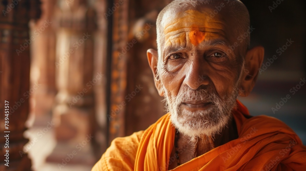 Naklejka premium Indian monk portrait wide angle lens realistic lighting