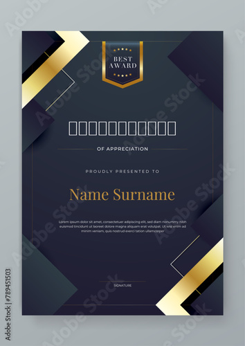 Black and gold vector award certificate template fancy modern abstract for corporate. For appreciation, achievement, awards, education, competition, diploma template