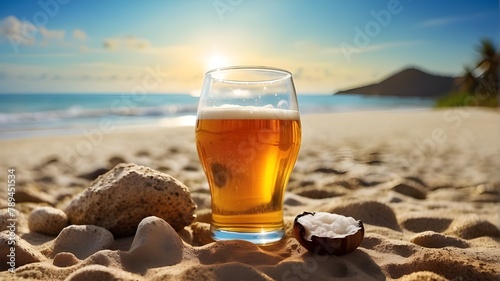 Glass and bottal of beer on table on beach with sun sets