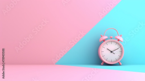 a pink alarm clock on pink and blue background photo