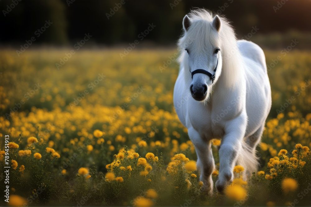 yellow field pony shetland flowers White horse breed mane free pasture portrait equestrian warm gelding animal domestic little western beauty grey paddock summer - obrazy, fototapety, plakaty 