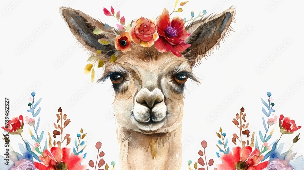 Fototapeta premium Cute llama wearing a flower crown, perfect for animal lovers